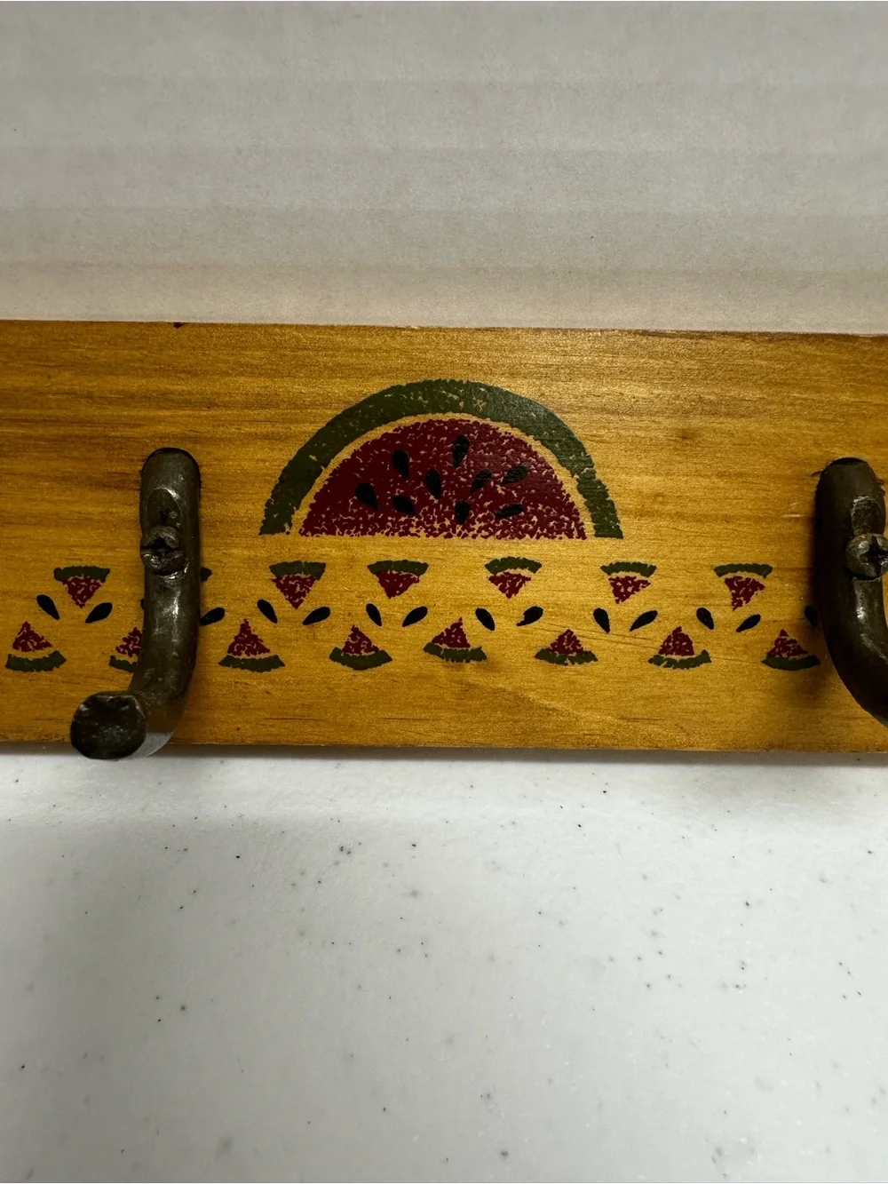 Vintage Hand Painted Watermelon Wood Wall Coat Rack 4 Cast Iron Hooks Rustic